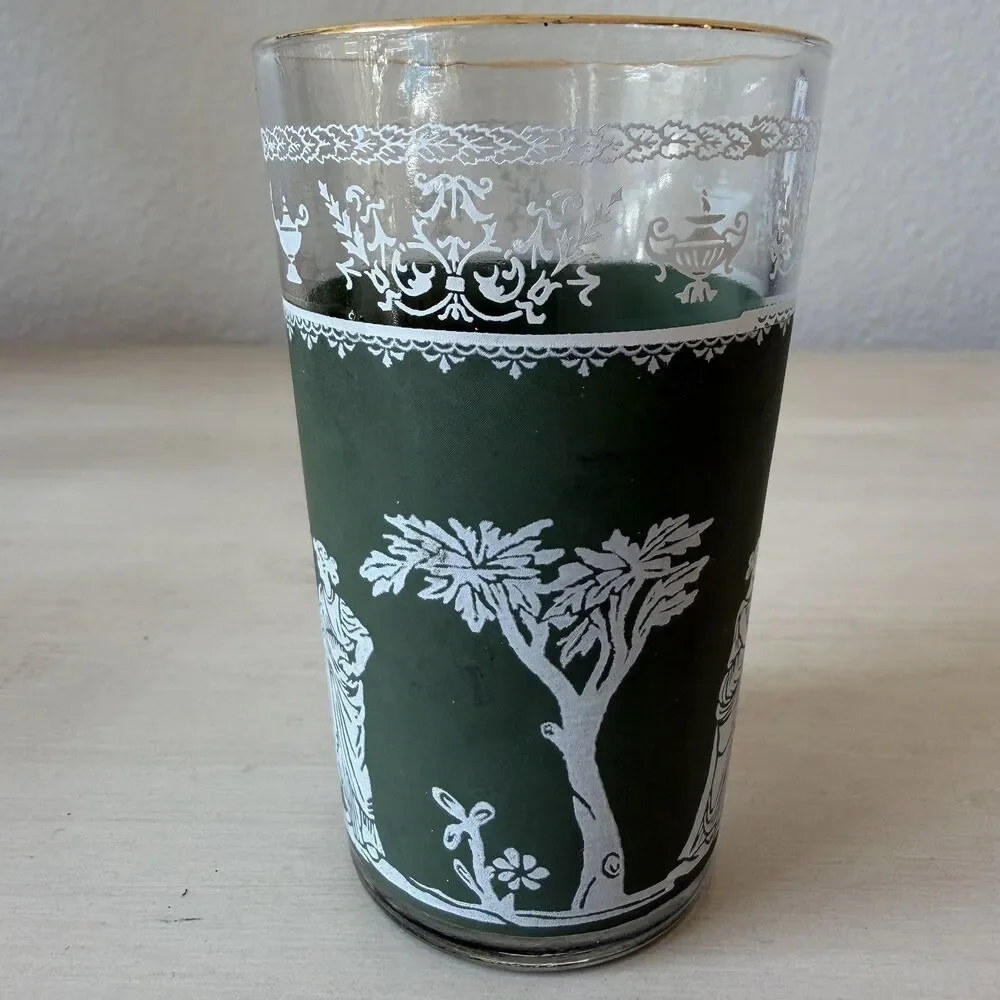 Set of 2 Vintage Jeanette Juice Glass Green Hellenic Jasperware Style Gold Rim